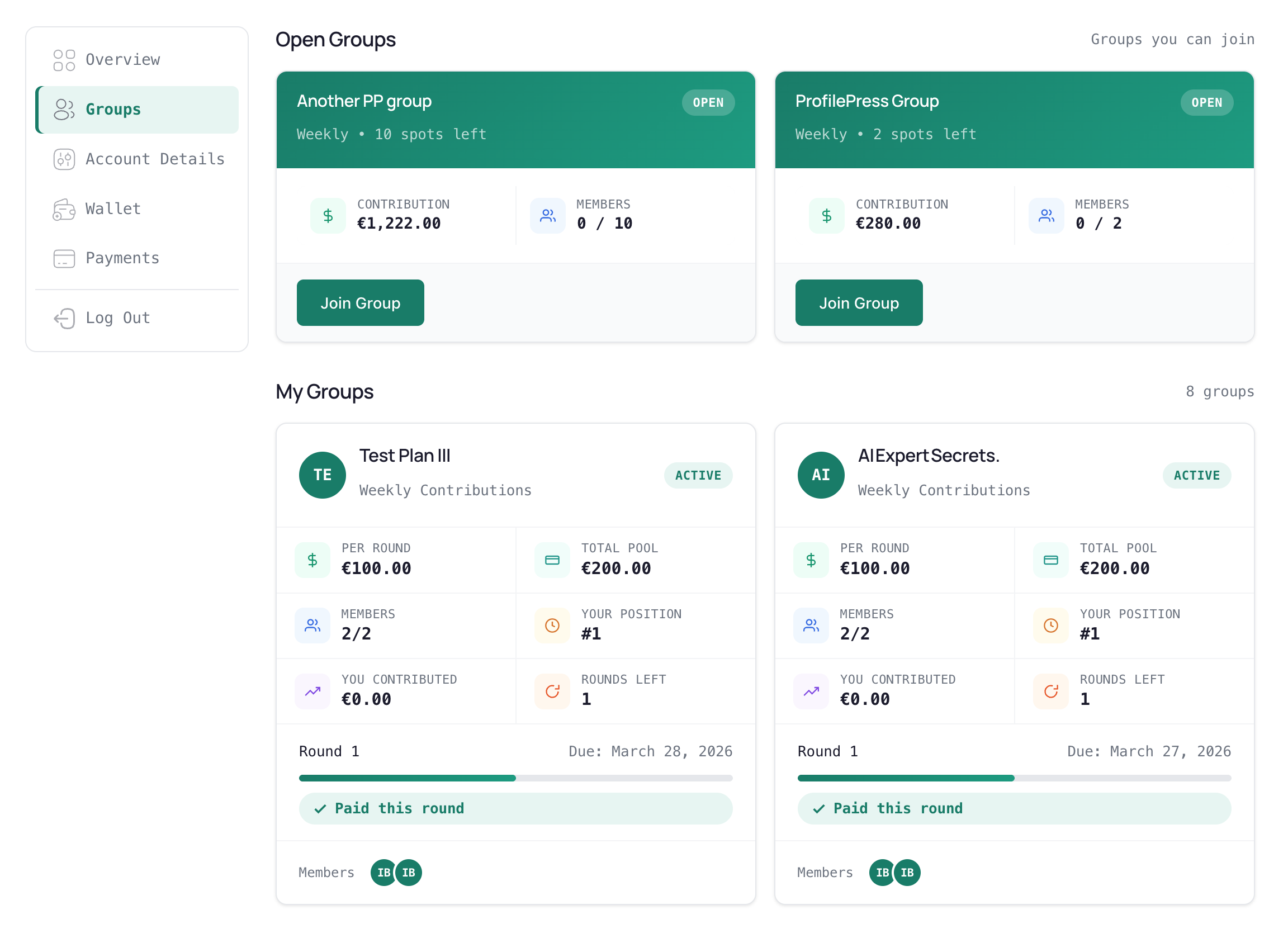Member dashboard